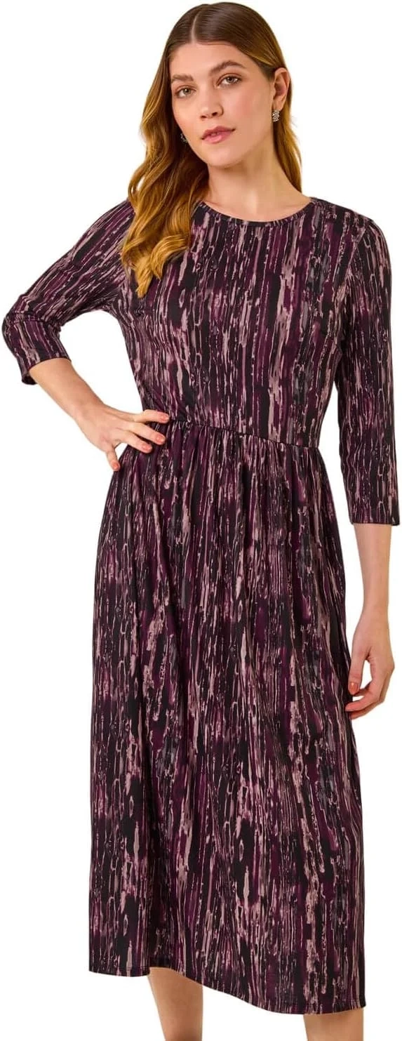 Roman Originals Midi Dress with Pockets for Women UK Ladies Stretchy Jersey Maxi Long 3/4 Length Sleeve Gathered High Waist Boho Flattering Skater Swing Fit Flare