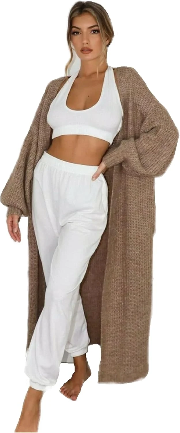 Long Knitted Cardigan with Balloon Sleeves and Pockets