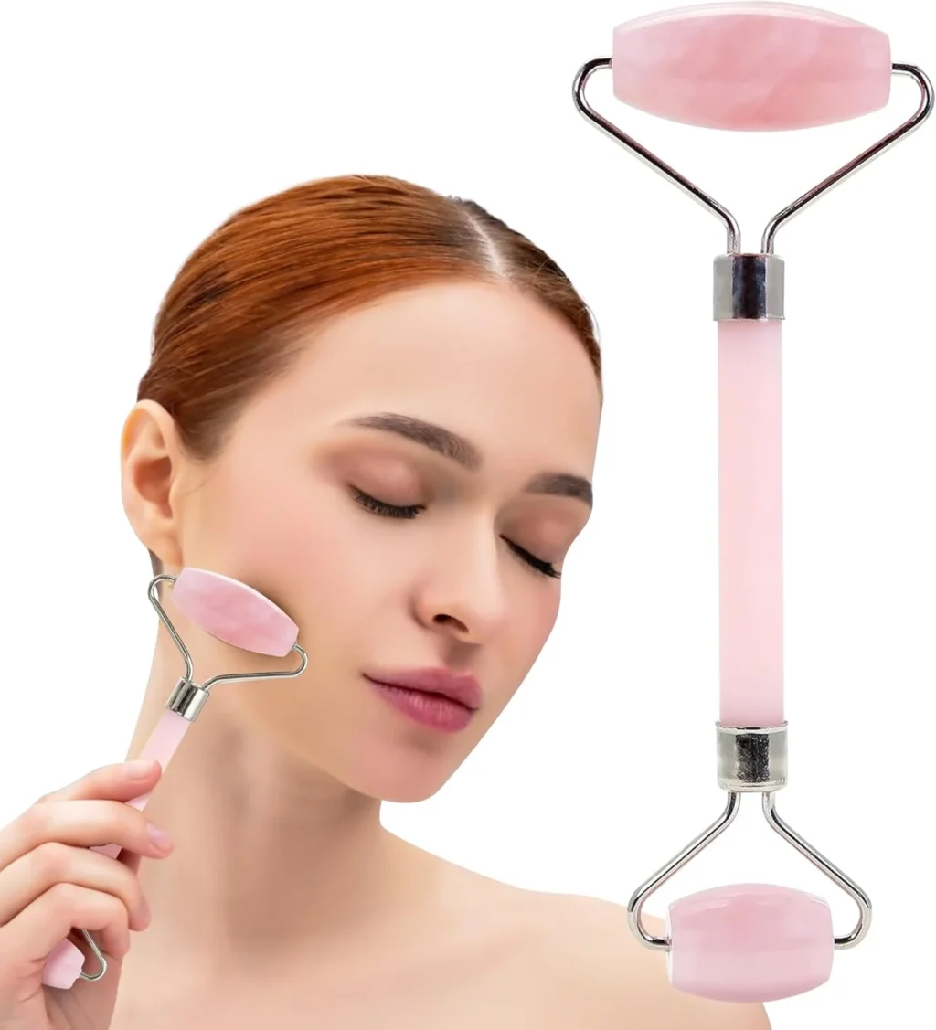 Rose Quartz Face Roller - Gua Sha Facial Tools, Jade Rollers for Face, Skin Care Kit for Men Women, Guasha Tools for Faces, Facial Care Reduces Under-Eye Puffiness and Dark Circles