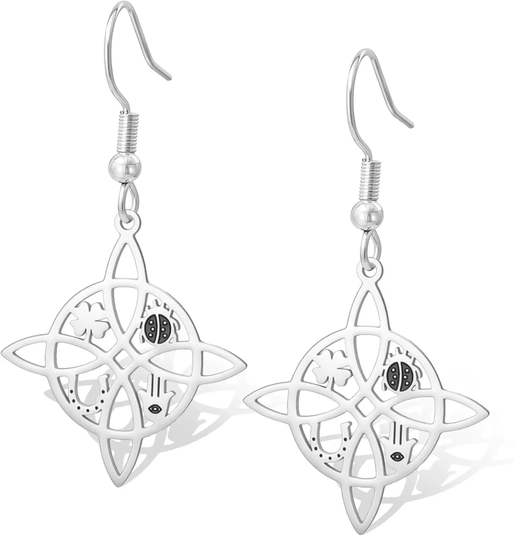 Witches Knot Earrings Ladybug Four Leaf Clover Horseshoe Hamsa Pendant Celtic Knot Dangle Earrings Lucky Charm Protection Witchcraft Pagan Irish Jewelry for Women