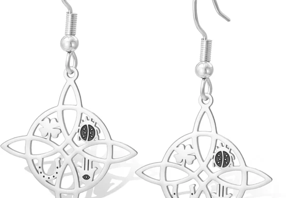 Witches Knot Earrings Ladybug Four Leaf Clover Horseshoe Hamsa Pendant Celtic Knot Dangle Earrings Lucky Charm Protection Witchcraft Pagan Irish Jewelry for Women