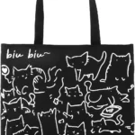 Cat Tote Bag with Zip Reusable Canvas Shopping Bag for Women & Girls Black, Washable & Foldable