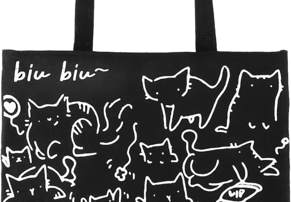 Cat Tote Bag with Zip Reusable Canvas Shopping Bag for Women & Girls Black, Washable & Foldable