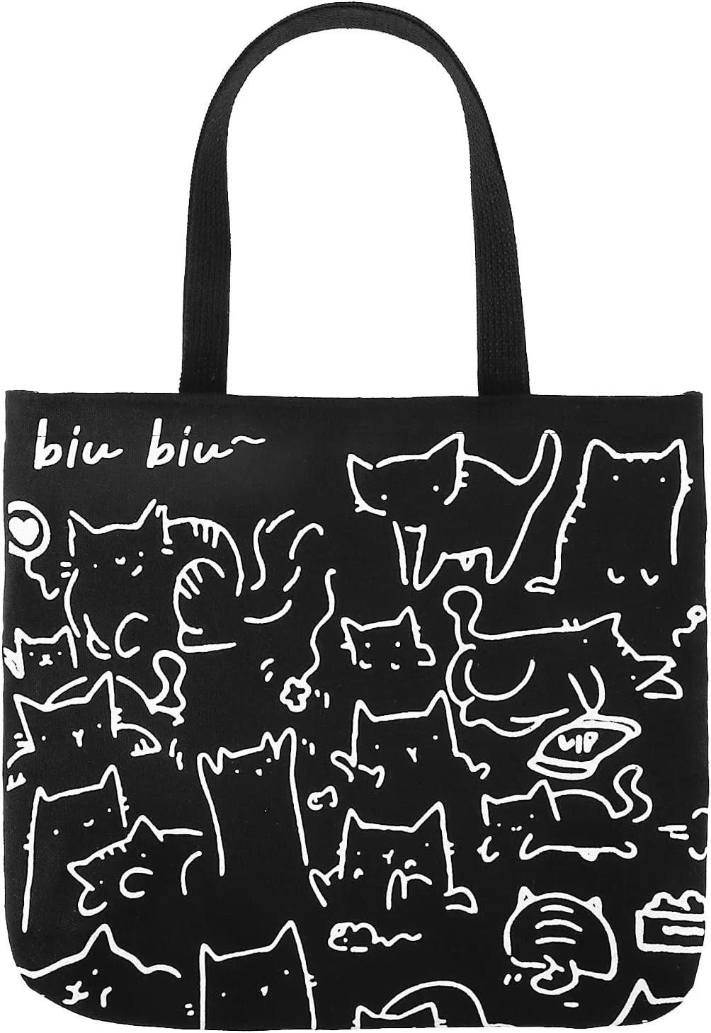 Cat Tote Bag with Zip Reusable Canvas Shopping Bag for Women & Girls Black, Washable & Foldable
