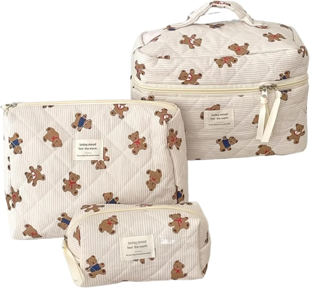 Bear Makeup Bag, 3 Piece Soft Quilted Makeup Bag Cute Cosmetic Pouch Set with Zipper for Women, Travel & Home Storage, Beige