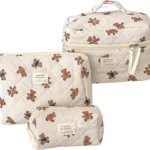 Bear Makeup Bag, 3 Piece Soft Quilted Makeup Bag Cute Cosmetic Pouch Set with Zipper for Women, Travel & Home Storage, Beige