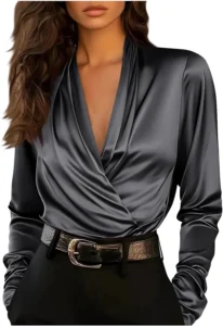 Satin Tops for Women UK Elegant Ladies Long Sleeve Blousees Pleated Wrap V Neck Dressy Shirt Casual Plain Clothing Pullover Going Out Tunic Tops with Leggings Office Party Blouse