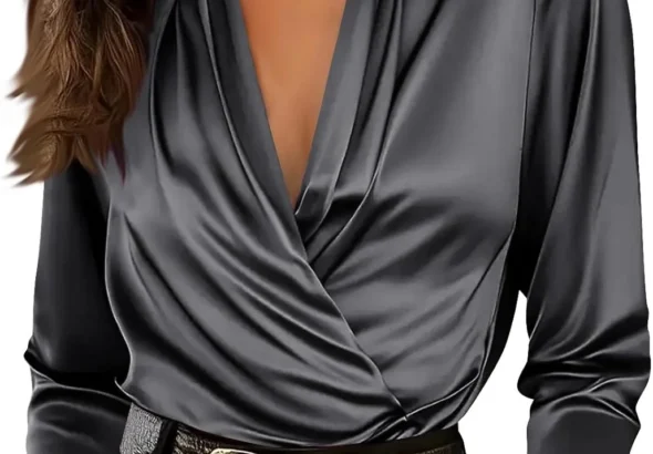 Satin Tops for Women UK Elegant Ladies Long Sleeve Blousees Pleated Wrap V Neck Dressy Shirt Casual Plain Clothing Pullover Going Out Tunic Tops with Leggings Office Party Blouse