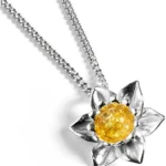 HENRYKA Daffodil Flower Collection - 925 Solid Sterling Silver & Baltic Amber | Beautiful Welsh & Spring Floral Symbolism | Lovely Gift or Bridesmaid Accessory | Hypoallergenic | Pair With Any Outfit