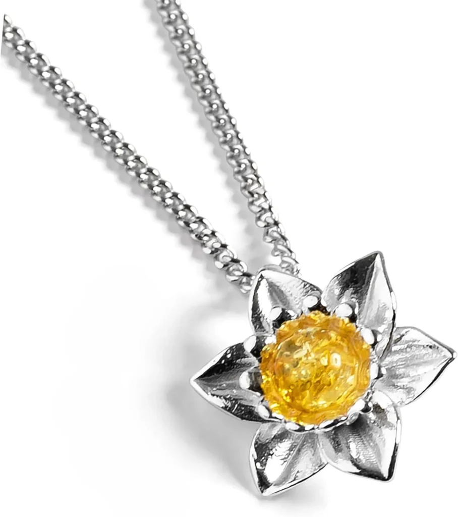 HENRYKA Daffodil Flower Collection - 925 Solid Sterling Silver & Baltic Amber | Beautiful Welsh & Spring Floral Symbolism | Lovely Gift or Bridesmaid Accessory | Hypoallergenic | Pair With Any Outfit