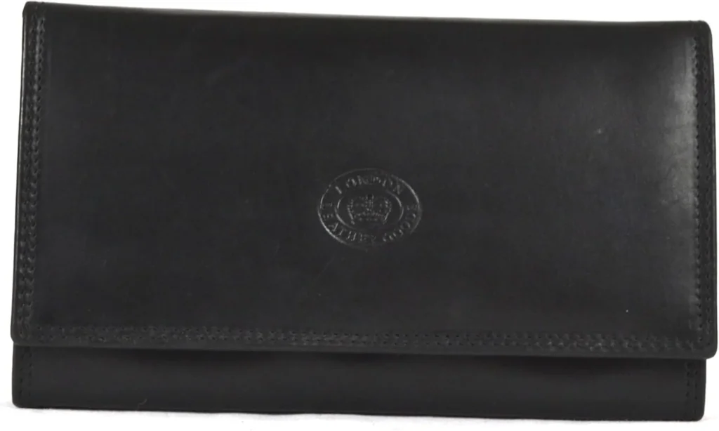 Ladies Soft Real Nappa Leather Long Flap-over Purse with Inner Flap pockets (Black)