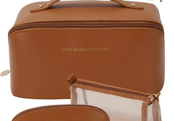 Advantage Travel Makeup Cosmetic Bag, 3 Sets Large Capacity Cosmetics for Women Waterproof PU Leather Cosmetic Bag Wide Opening Flat Makeup Tool Pouch with Compartment