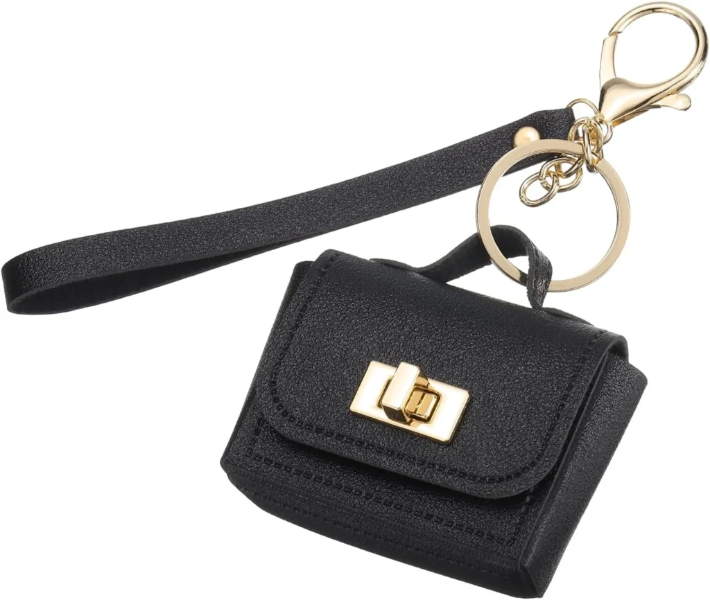 PATIKIL Mini Handbag Keychain, Cute Coin Purse Keychain PU Leather Backpack Purse Key Chain Little Earbud Bag Keychains for Women Mini Card Data Cable Organizer, Black