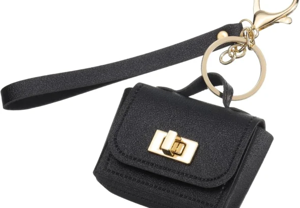 PATIKIL Mini Handbag Keychain, Cute Coin Purse Keychain PU Leather Backpack Purse Key Chain Little Earbud Bag Keychains for Women Mini Card Data Cable Organizer, Black