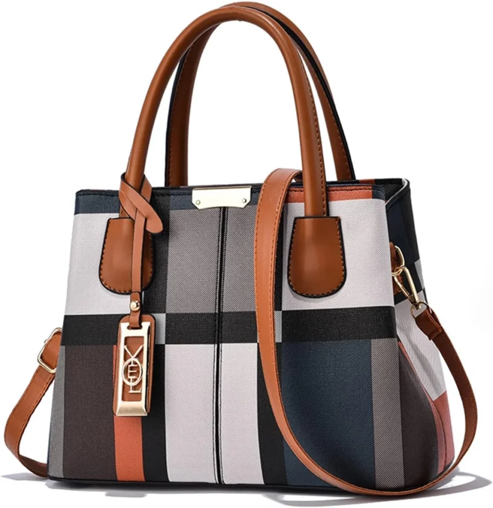 Plaid Shoulder Bag for Women with Top Handle PU Leather