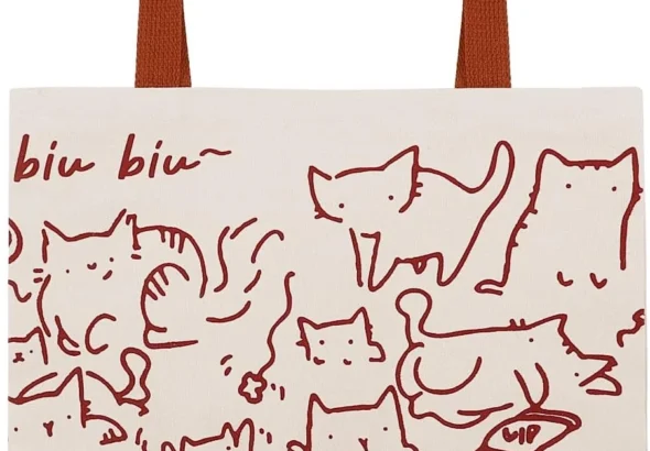 Reusable Canvas Cat Tote Bag with Zip and Pocket for Women