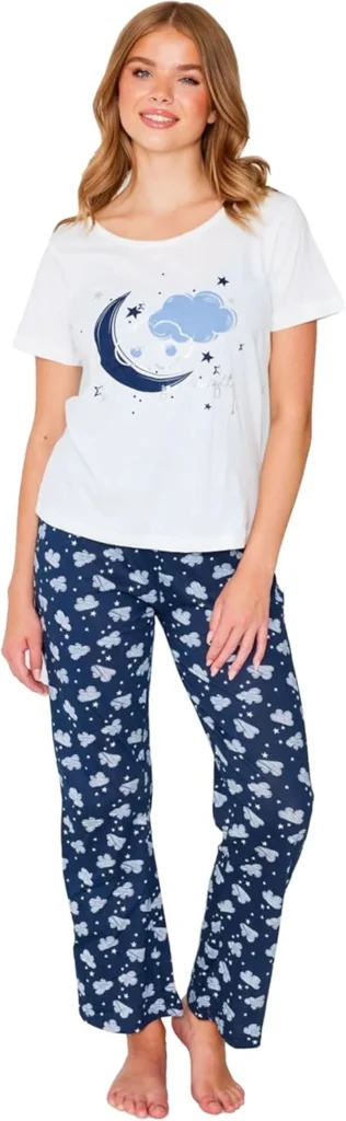 TURTLE Womens Pyjama Set  Short Sleeve Nightwear & Lounge Wear, Soft Cotton PJ Set with Printed Top and Full Length Bottoms, Comfortable Sleepwear for Women