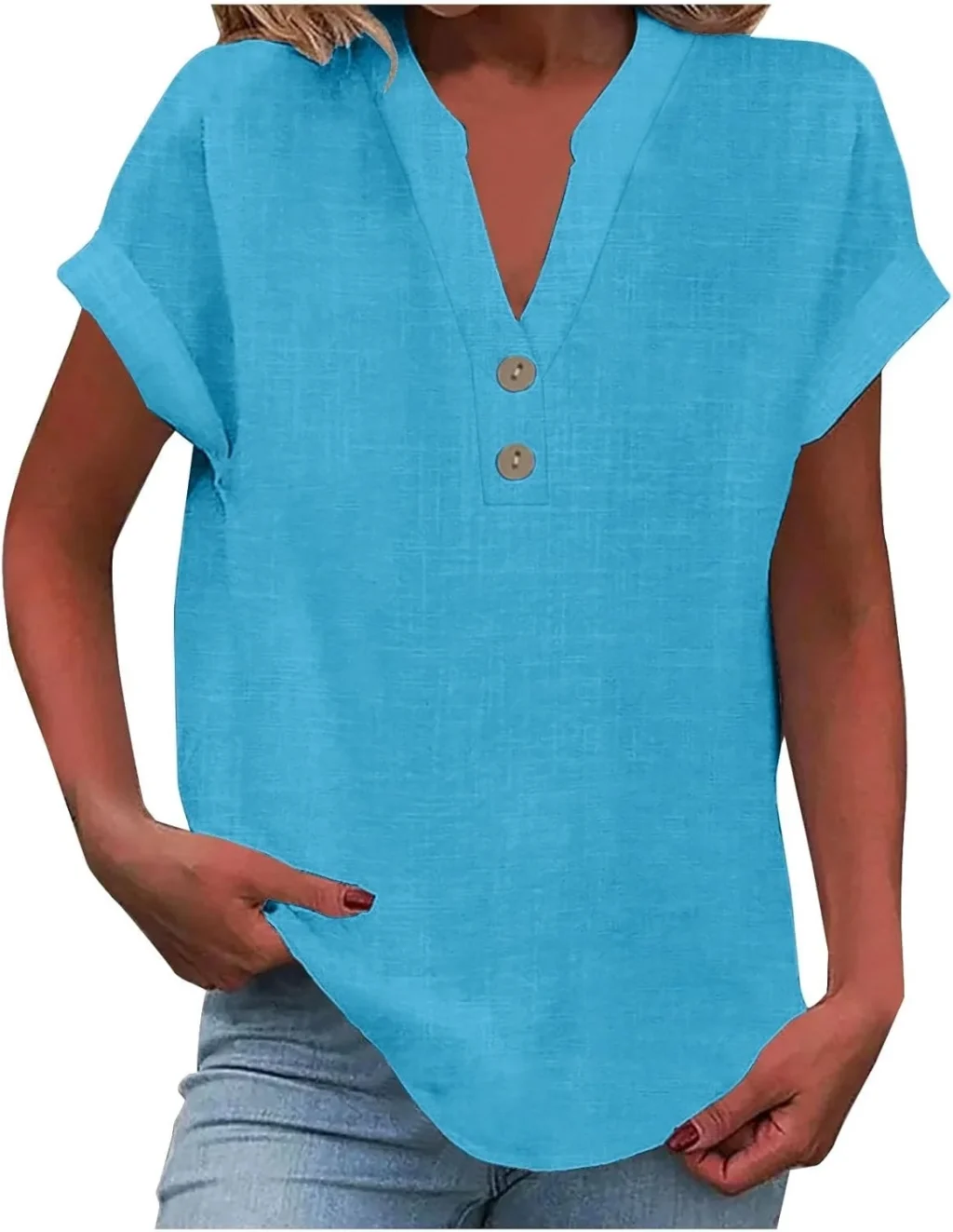 Women's Cotton Linen V-Neck Cap Sleeve T