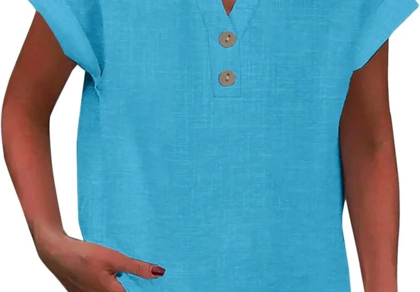 Women's Cotton Linen V-Neck Cap Sleeve T