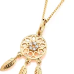 9ct Yellow Gold on Silver Cubic Zirconia Dream Catcher Feather Pendant Necklace + 16 18 20 inch Chain