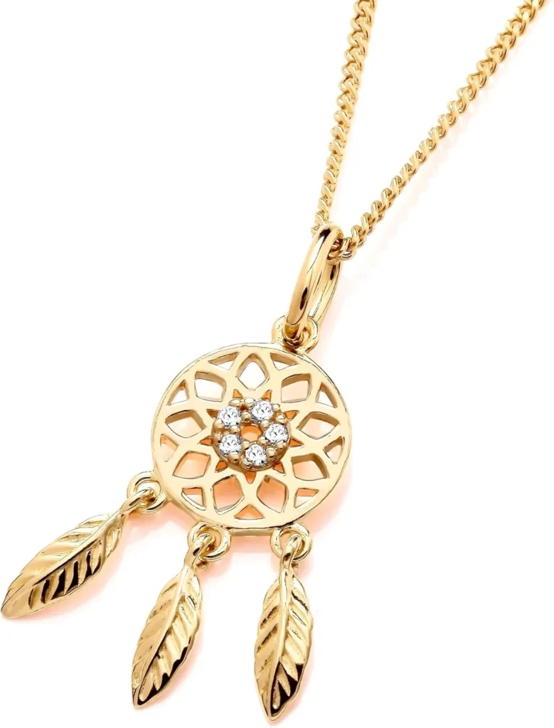 9ct Yellow Gold on Silver Cubic Zirconia Dream Catcher Feather Pendant Necklace + 16 18 20 inch Chain