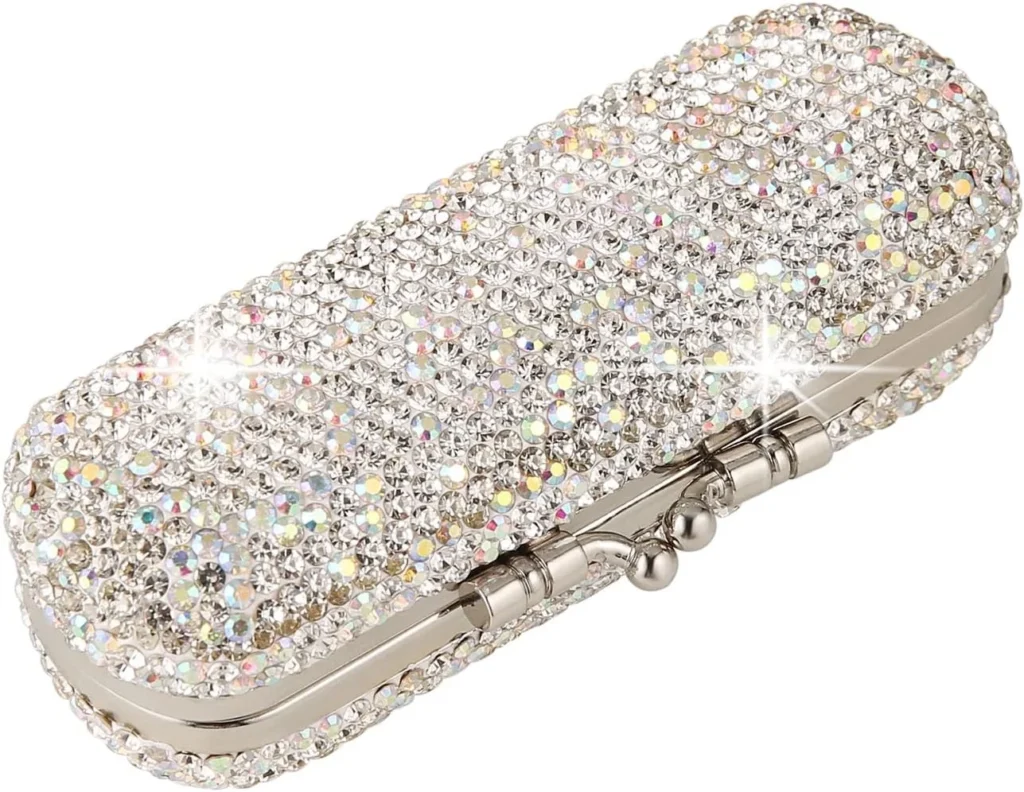 Portable Lipstick Case with Mirror and Rhinestones (Silver)
