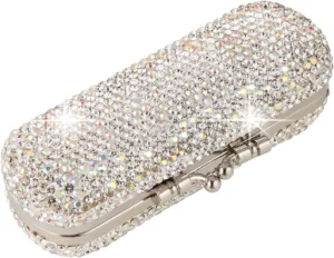 Portable Lipstick Case with Mirror and Rhinestones (Silver)