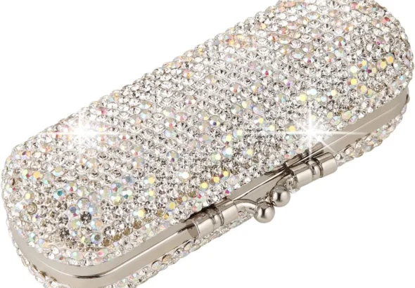 Portable Lipstick Case with Mirror and Rhinestones (Silver)