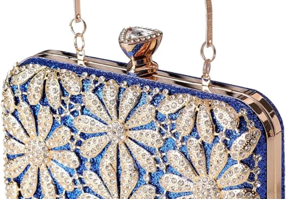 Rhinestone Flower Evening Bag for Women Sparkly Sequin Purse Crystal Clutch Bag Bridal Wedding Handbag Glitter Shoulder Bag Elegant Crossbody Bag for Cocktail Prom Party Wedding Banquet Blue