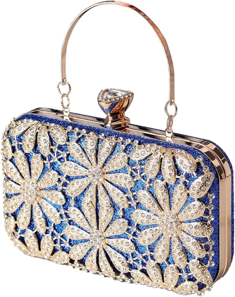 Rhinestone Flower Evening Bag for Women Sparkly Sequin Purse Crystal Clutch Bag Bridal Wedding Handbag Glitter Shoulder Bag Elegant Crossbody Bag for Cocktail Prom Party Wedding Banquet Blue
