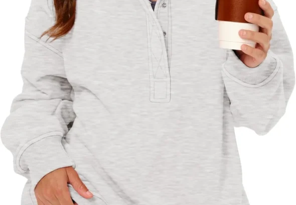 Gacaky Womens Oversized Sweatshirts Casual Button Henley Neck Long Sleeve Pullover Fleece Loose Fit Fall Tops Fashion Outfits