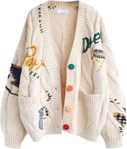 Womens Cable Knit Cardigan with Embroidery