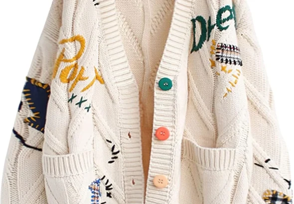 Womens Cable Knit Cardigan with Embroidery