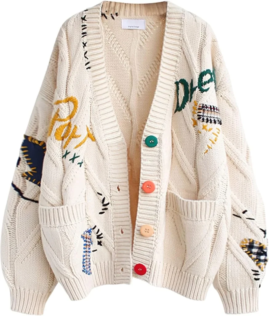 Womens Cable Knit Cardigan with Embroidery