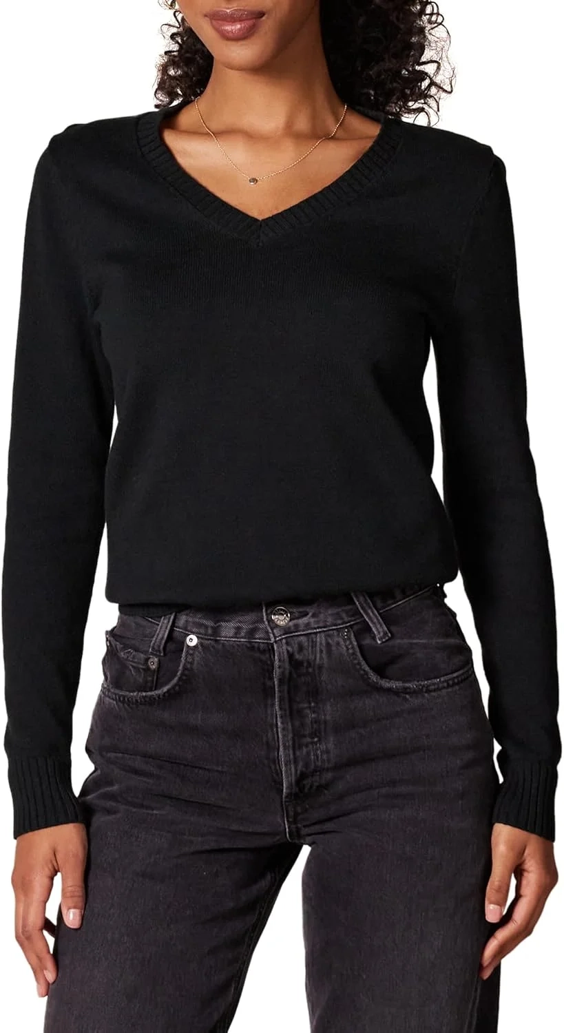 Amazon Essentials Women's Lightweight Long Sleeve V-Neck Cotton Jumper