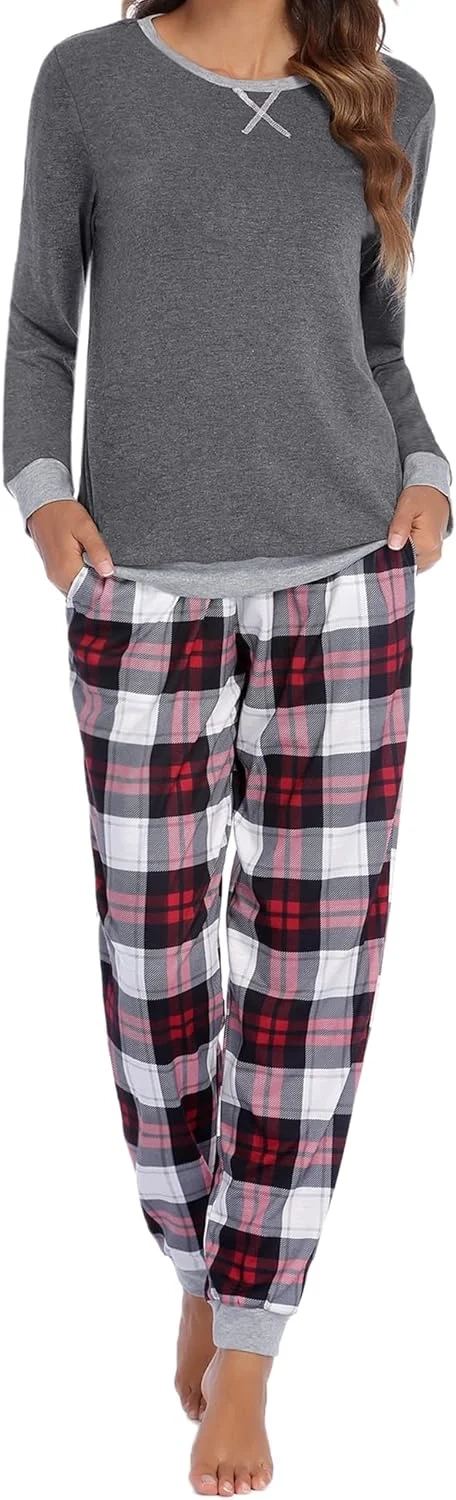 Ekouaer Womens Pyjamas Sets Round Neck Soft Sleepwear Sets Long Sleeve Plaid Pjs Set Winter Loungewear