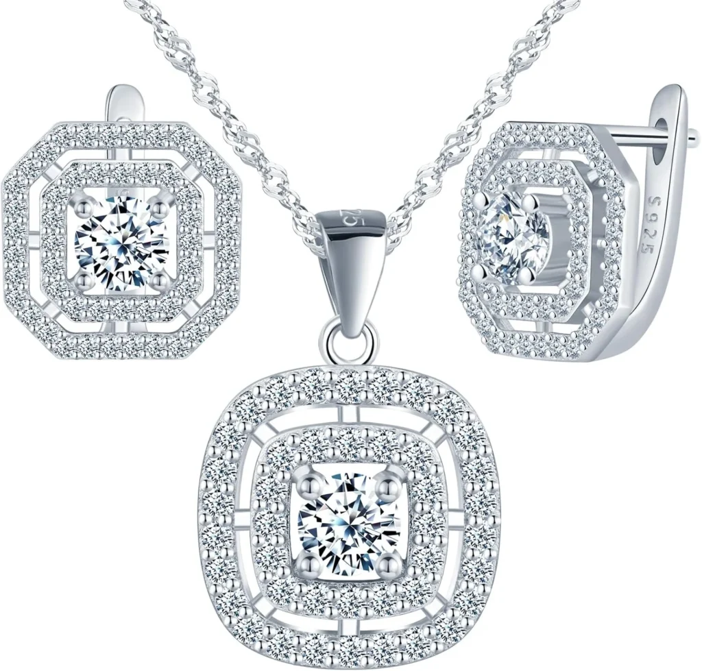 Yumilok Cubic Zirconia 925 Sterling Silver Round Square Jewelry Set Pendant Necklace Earrings for women Party Wedding