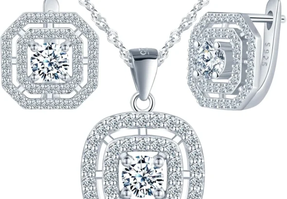 Yumilok Cubic Zirconia 925 Sterling Silver Round Square Jewelry Set Pendant Necklace Earrings for women Party Wedding