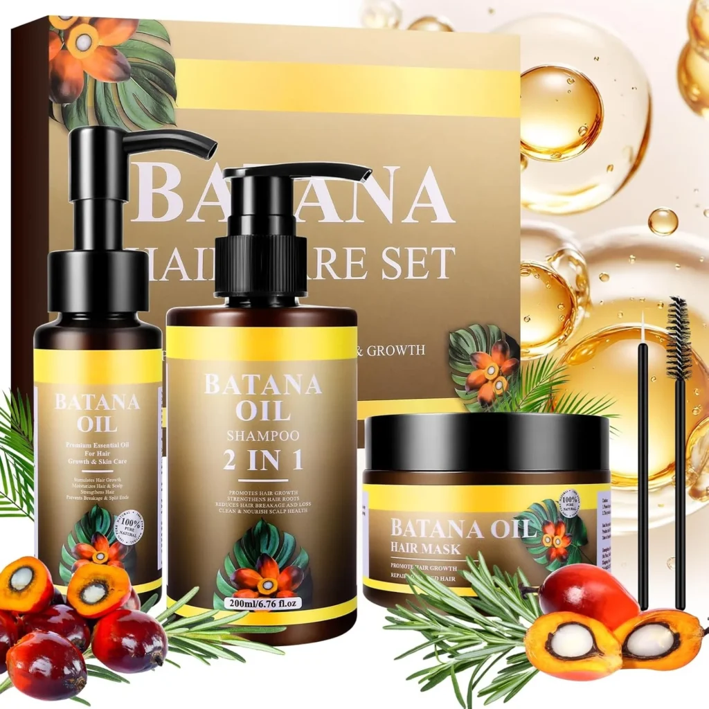 Batana Oil Hair Care Set, Including 2 In 1 Batana Shampoo, Batana Hair Mask and Batana Oil Set, Repairs Frizzy Hair, Deep Nourishes Scalp, Smooth Hair Travel Set for Women and Men