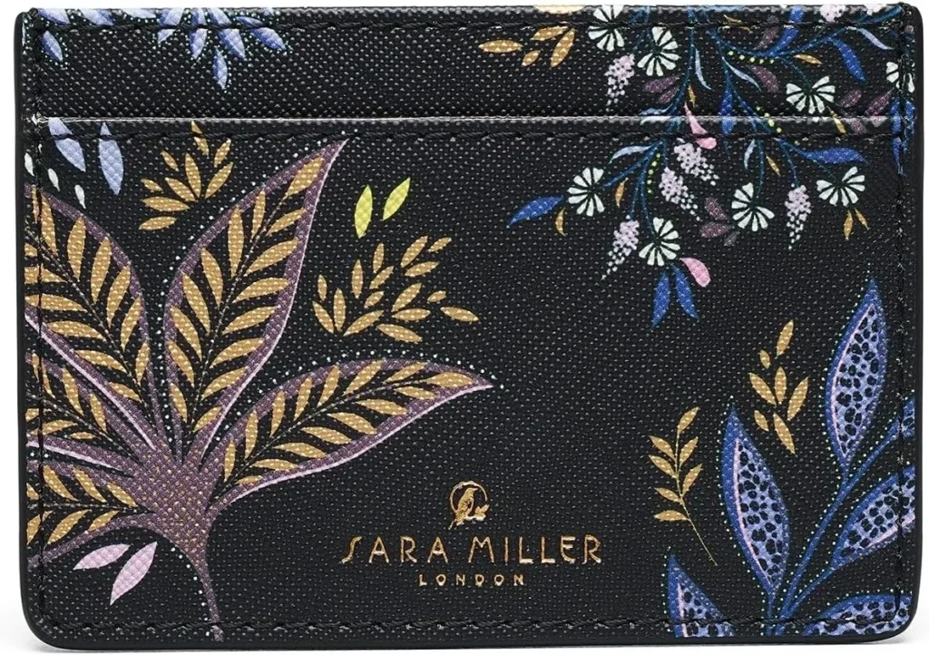 Sara Miller London Credit Card Holder, Women's Slim Wallet, Holds up to 4 Cards, Faux Leather, Botanic Black