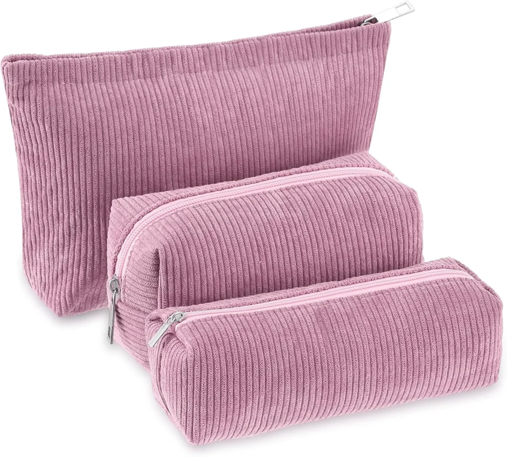 3 Pcs Makeup Bag Set for Women Corduroy Cosmetic Pouch Aesthetic Smile Travel Toiletry Bag Cute Purse Pouch Pencil Case Makeup Brushes Storage Organizer with Zipper, Rose Pink, Solid Style