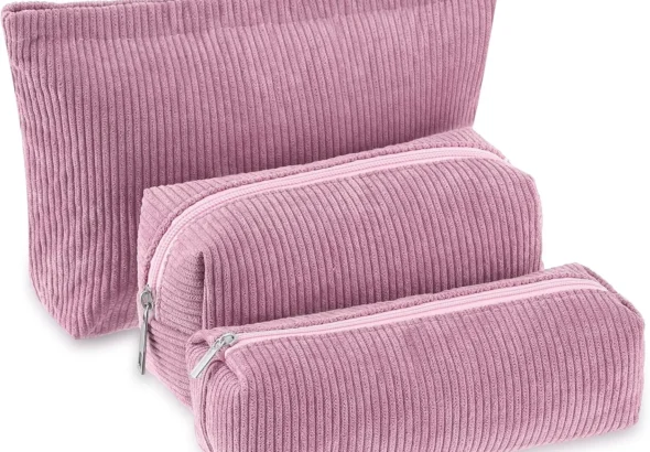 3 Pcs Makeup Bag Set for Women Corduroy Cosmetic Pouch Aesthetic Smile Travel Toiletry Bag Cute Purse Pouch Pencil Case Makeup Brushes Storage Organizer with Zipper, Rose Pink, Solid Style