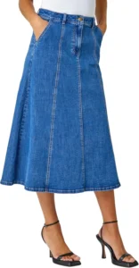 Roman Originals Women Denim Jean Cotton Skirt with Pockets - Ladies Stretch Fitted Pull up Flared A Line Casual Smart Work Office Knee Length Flattering Slimming