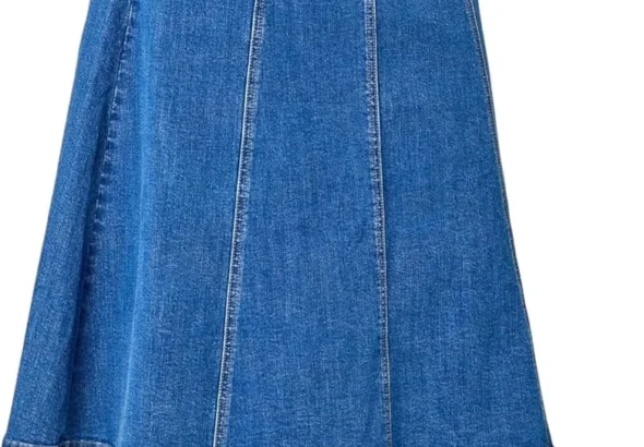 Roman Originals Women Denim Jean Cotton Skirt with Pockets - Ladies Stretch Fitted Pull up Flared A Line Casual Smart Work Office Knee Length Flattering Slimming
