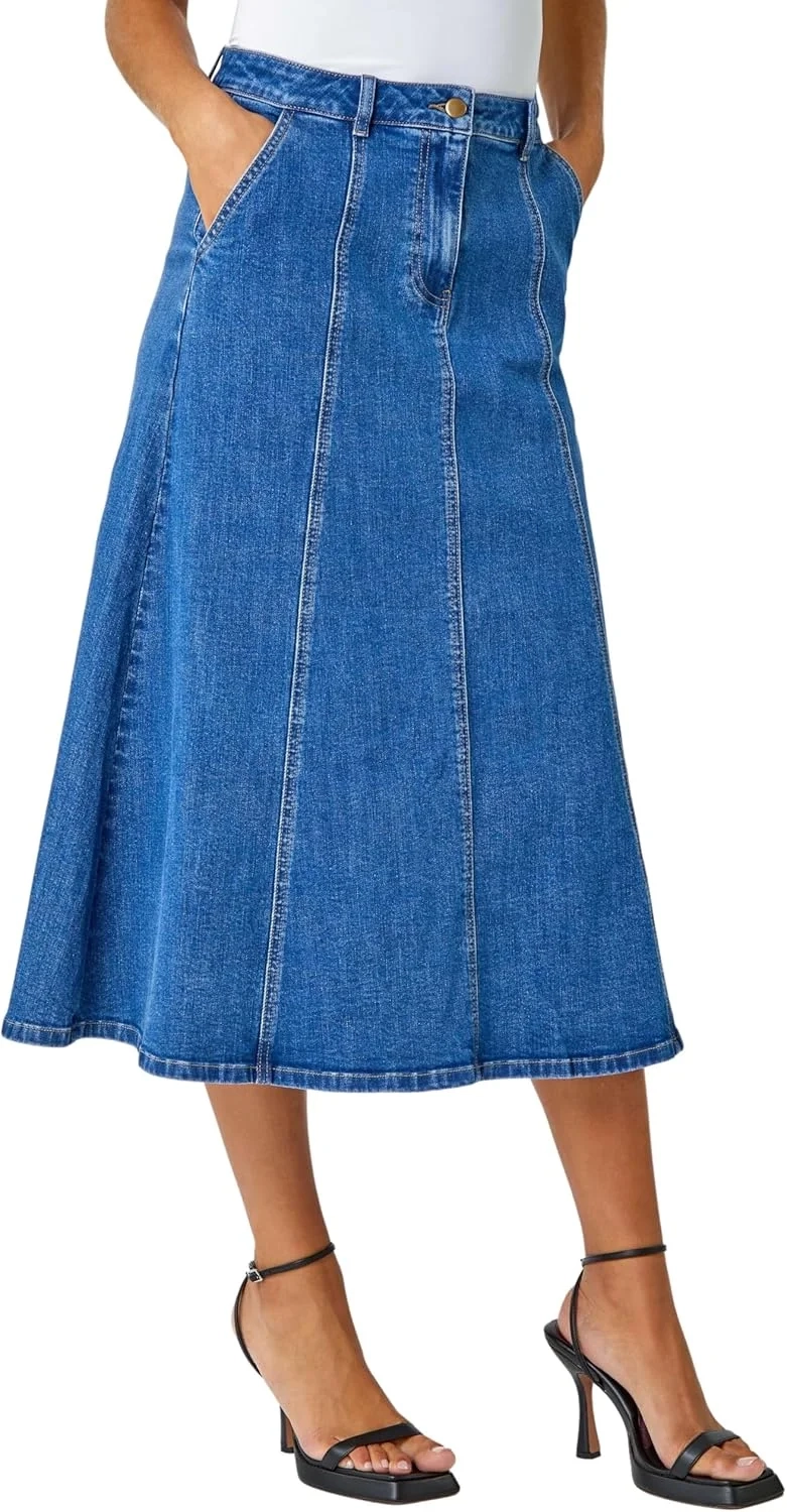Roman Originals Women Denim Jean Cotton Skirt with Pockets - Ladies Stretch Fitted Pull up Flared A Line Casual Smart Work Office Knee Length Flattering Slimming