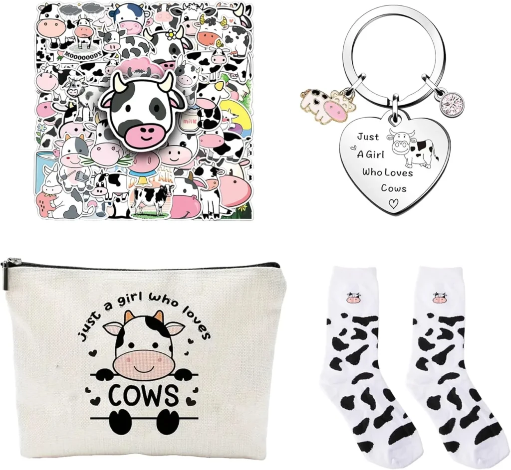 Cow Themed Gift Set with Socks, Bag, and Keychain