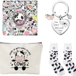 Cow Themed Gift Set with Socks, Bag, and Keychain