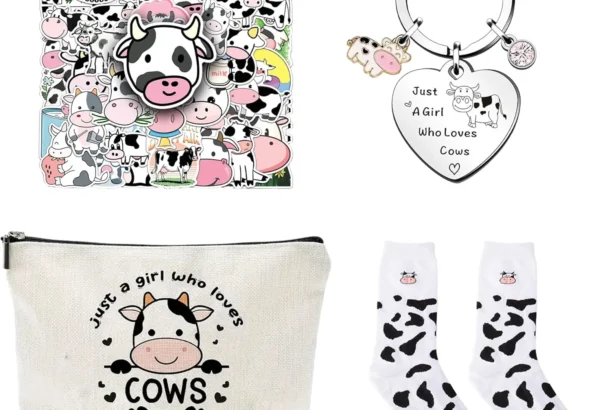 Cow Themed Gift Set with Socks, Bag, and Keychain