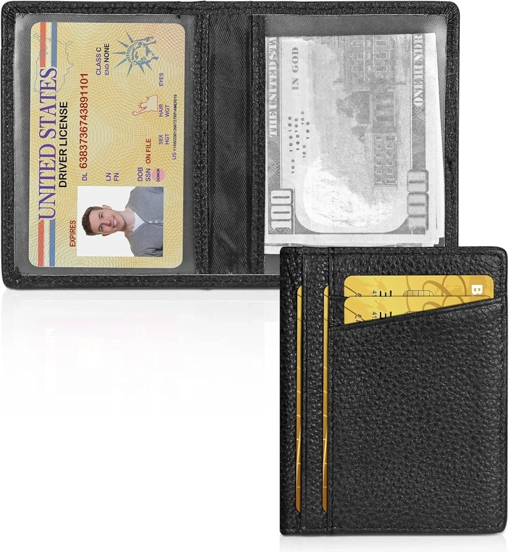 Unaone Slim Minimalist Wallet - Premium Crackle Leather Card Holder RFID Blocking Card Case with 8 Card Slots and 2 ID Window, Black, Minimalist
