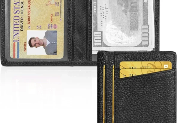 Unaone Slim Minimalist Wallet - Premium Crackle Leather Card Holder RFID Blocking Card Case with 8 Card Slots and 2 ID Window, Black, Minimalist